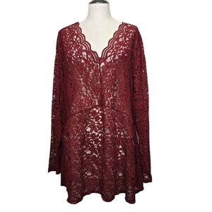 Lane Bryant Floral Lace V Neck Long Sleeves Top Pantone Pomegranate 26/28
